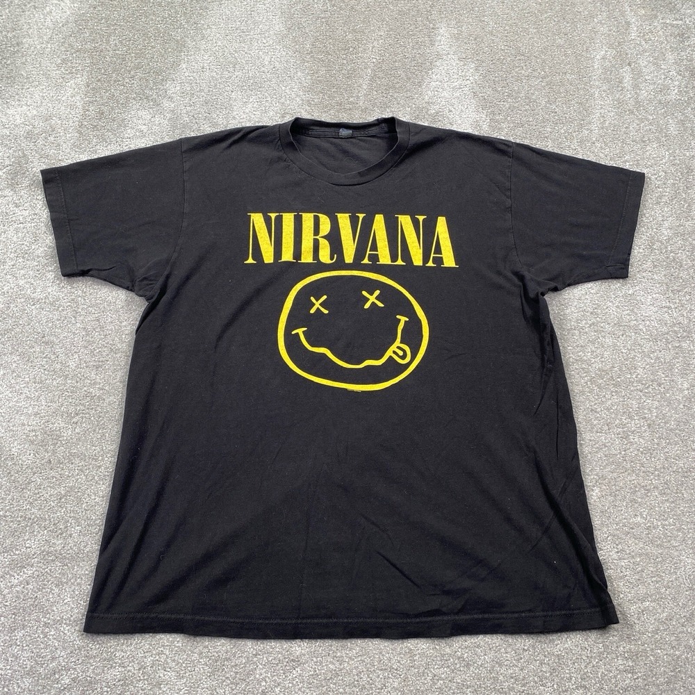 Nirvana Band Smiley Face T Shirt Adult Size XL Black‎ Tultex
